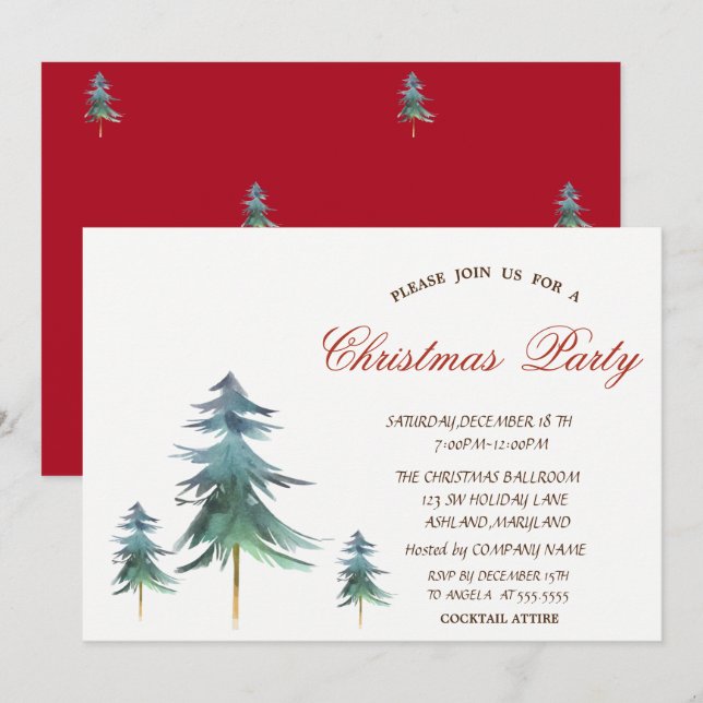 Invitation Noël Arbres Red Corporate Noël Party (Devant / Derrière)