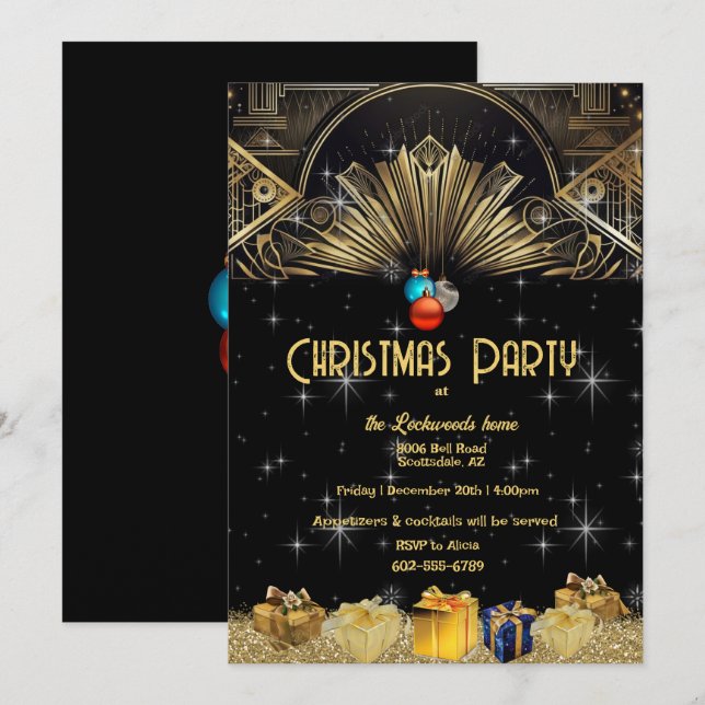 Invitation Noël Art déco or noir (Devant / Derrière)