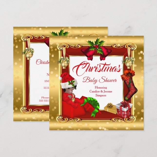 Invitation Noël Baby shower fille ou garçon Red Gold Box AA (Devant / Derrière)