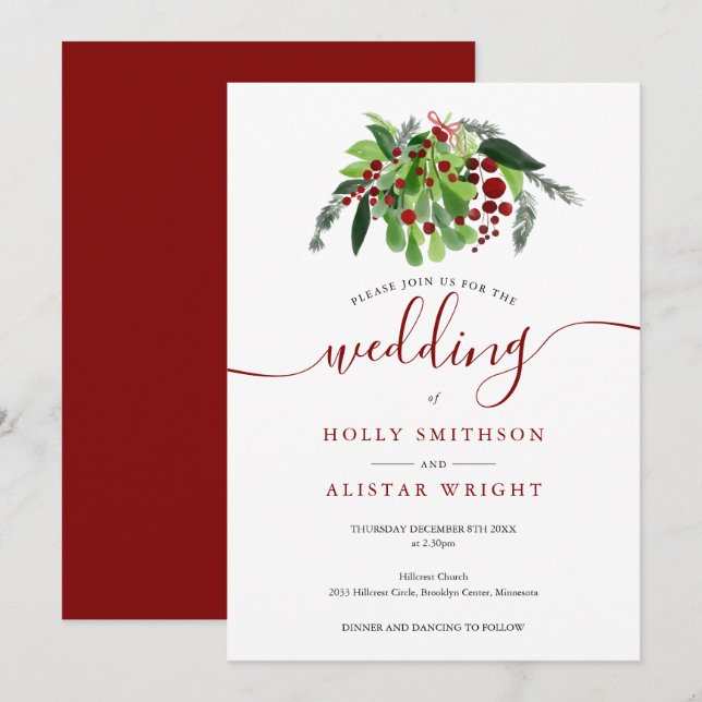 Invitation Noël Baies rouges Mariage d'hiver (Devant / Derrière)