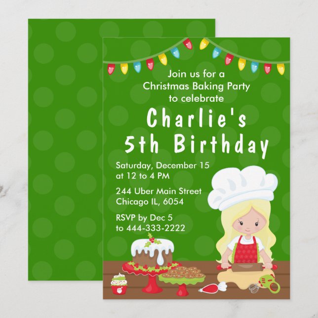Invitation Noël Baking Anniversaire Blonde Hair Girl Invitat (Devant / Derrière)