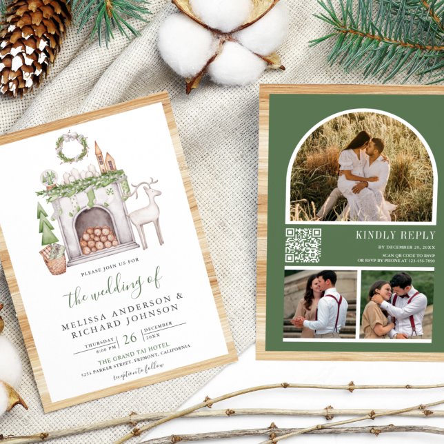Invitation Noël blanc Code QR de cheminée Mariage (Créateur téléchargé)