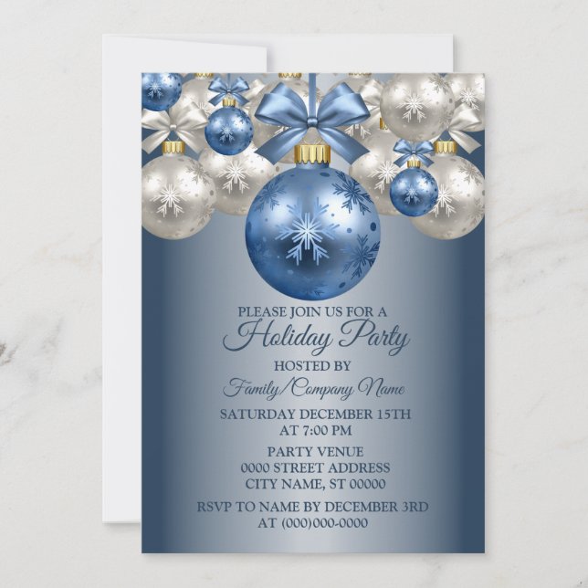 Invitation Noël Bleu Blanc Ornements Fête des Fêtes (Devant)