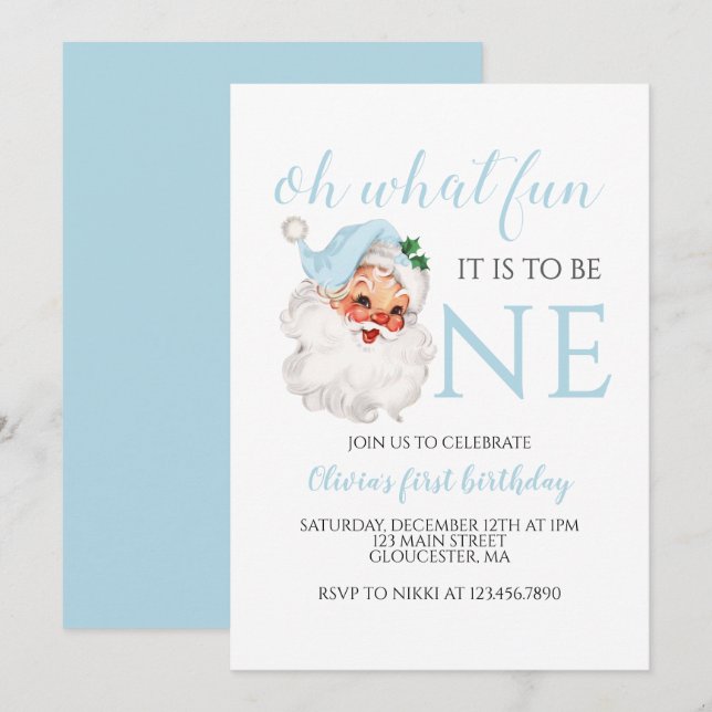 Invitation Noël bleu Père Noël premier anniversaire (Devant / Derrière)