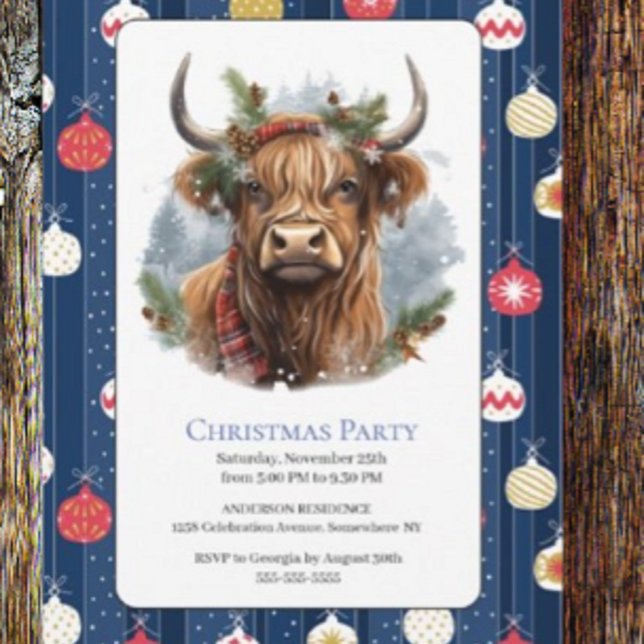 Invitation Noël Blue Party Baubles Highlander Cow (Créateur téléchargé)