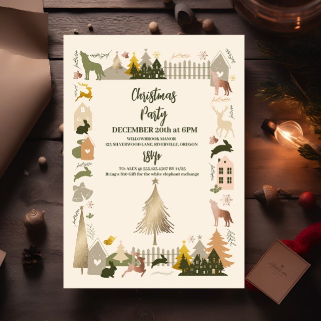Invitation Noël Bois Animaux & Fête de Village Cosy (Créateur téléchargé)