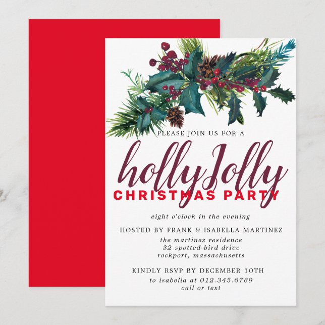 Invitation Noël botanique de Rustic Holly et Berries (Devant / Derrière)