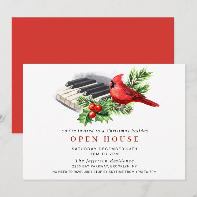 Invitation Noël cardinal rouge VACANCES OUVERTES MAISON (Devant / Derrière)