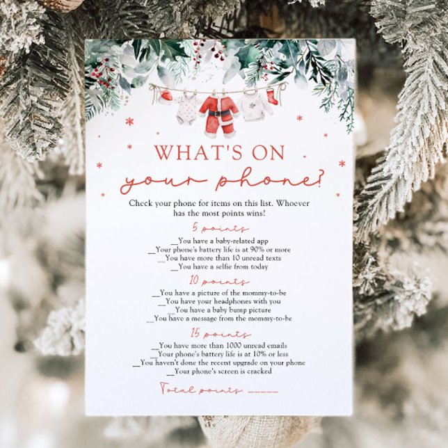 Invitation Noël Ce qui est sur votre Baby shower de téléphone (Watercolor Red Christmas What's on Your Phone Baby Shower Game)