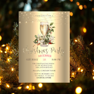 Invitation Noël Champagne, Poinsettia, Holly Berry Gold