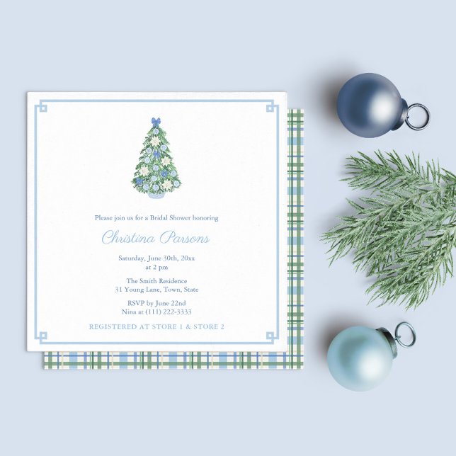 Invitation Noël Chinoiserie Chic Fête des mariées Party (Pale Blue White Chinoiserie Holidays Tree Bridal Shower Party Invitation With Tartan Plaid Backer)