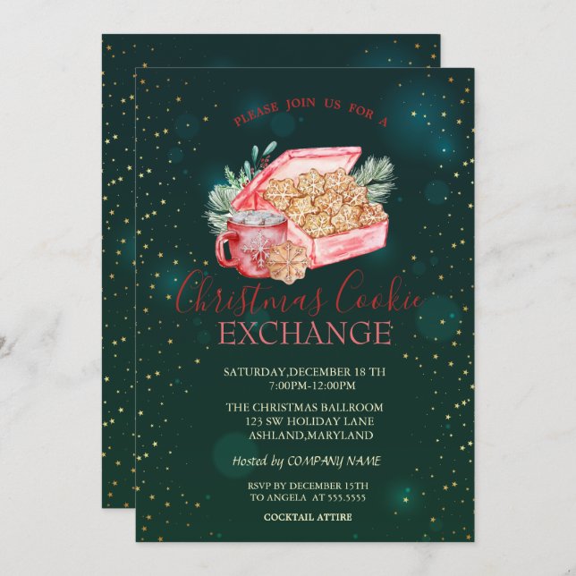Invitation Noël Cookie Stars Vert Noël (Devant / Derrière)