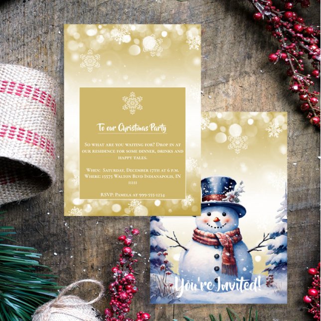 Invitation Noël de la forêt d'hiver | Gold Party (Gold Winter Forest Snowman Christmas Party Invitation)