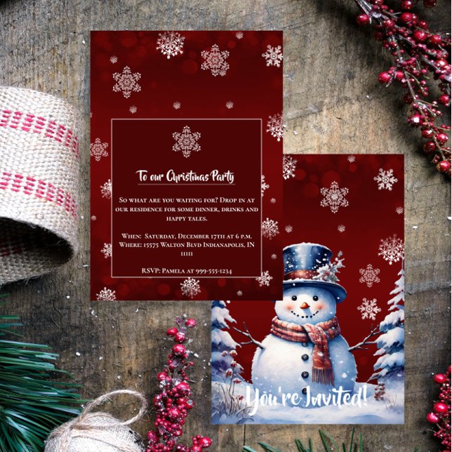 Invitation Noël de la forêt d'hiver | Parti rouge (Red Winter Forest Snowman Christmas Party Invitation)