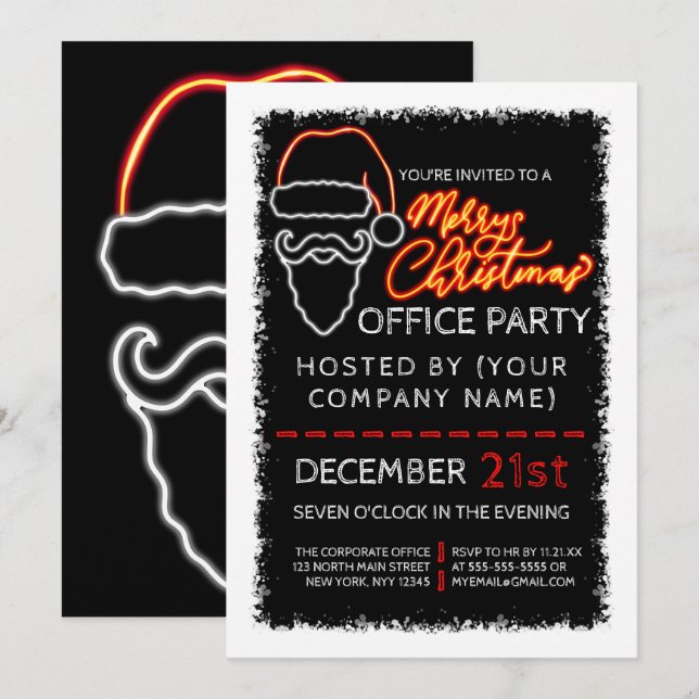 Invitation Noël d'entreprise moderne Neon Red Lighted Père No (Devant / Derrière)