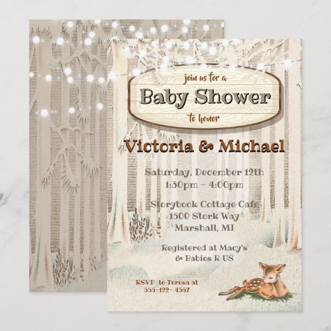Invitation Noël d'hiver Baby shower de cerfs de bois (Devant / Derrière)