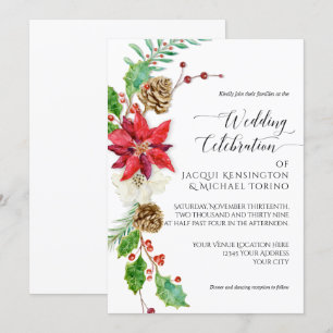 Invitation Noël d'hiver Floral Rouge Or Poinsettia Holly