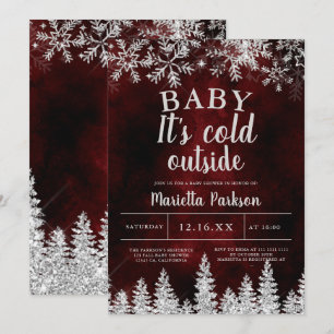Invitation Noël d'hiver sapin neige argent rouge shower bébé