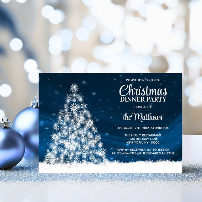 Invitation NOËL DÎNER FÊTE Bleu Blanc Lumières Arbre (CHRISTMAS DINNER PARTY Blue White Lights Tree Invitation)