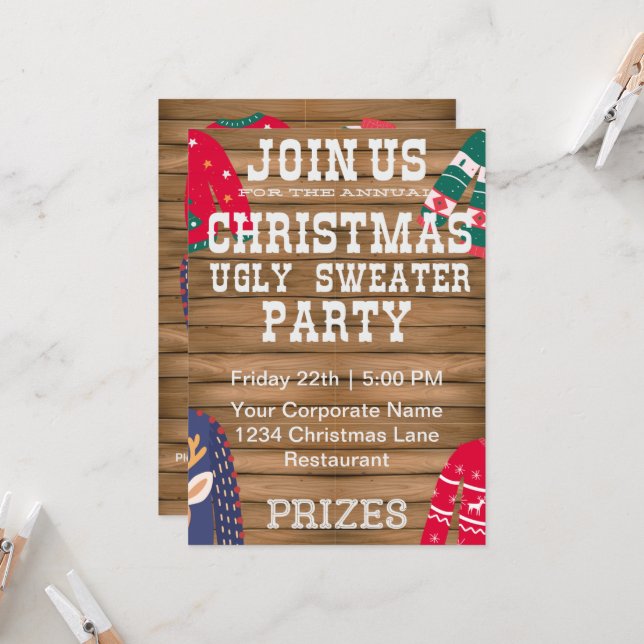 Invitation Noël Douille moche Fête d'entreprise en bois (Devant/Arrière en situation)