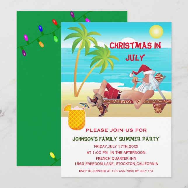 Invitation Noël drôle en juillet Fête d'été ou de plage (Devant / Derrière)