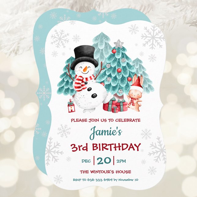 Invitation Noël du mignon Snowman et Bunny (Cute Snowman and Bunny Christmas Birthday Party Invitation)