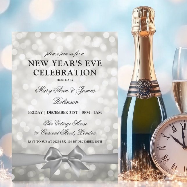 Invitation Noël élégant Nouvel An Argent Bokeh Lumières Nœud (Elegant New Years Eve Silver Bokeh Lights Bow Invitation)
