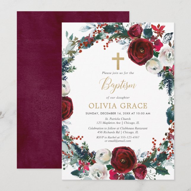 Invitation Noël élégante bordeaux or fille baptême (Devant / Derrière)