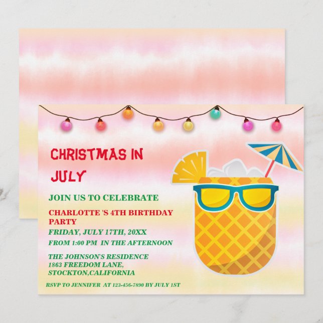 Invitation Noël En Juillet Fête D'Anniversaire  (Devant / Derrière)