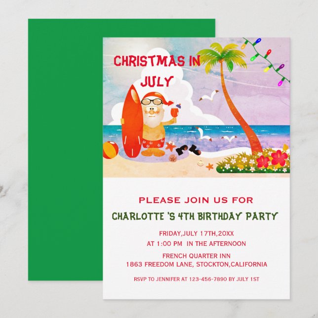 Invitation Noël En Juillet Fête D'Anniversaire D'Été (Devant / Derrière)