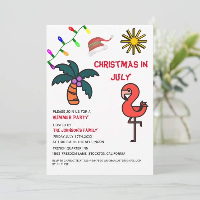 Invitation Noël en juillet Fête d'été Flamant rose (Debout devant)