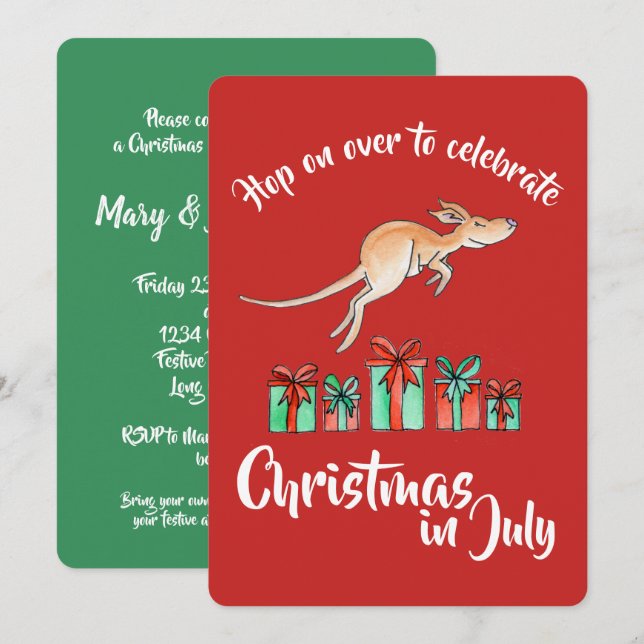 Invitation Noël en Juillet fête kangourou hop sur (Devant / Derrière)