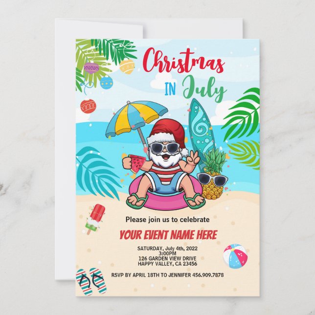 Invitation Noël En Juillet Père Noël Beach Party Enfant Adult (Devant)