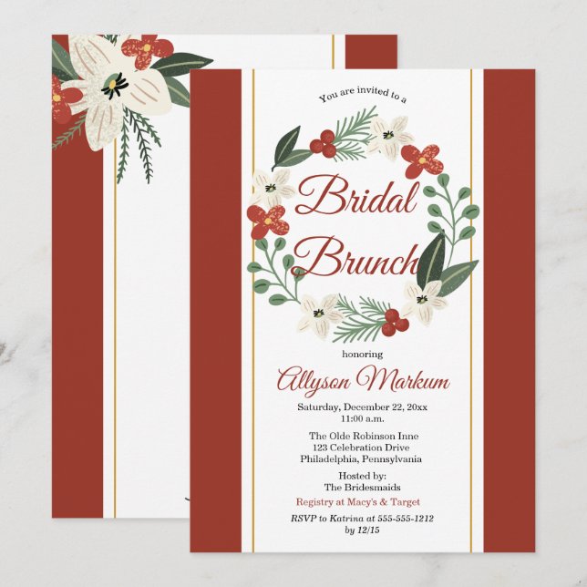 Invitation Noël Fête Florale Wreath Bridal Brunch (Devant / Derrière)