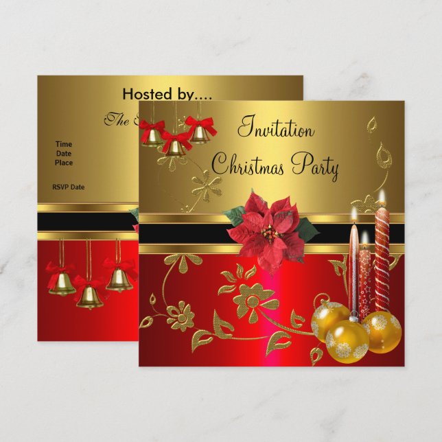 Invitation Noël Fête Gold Red Xmas (Devant / Derrière)