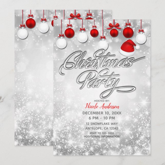Invitation Noël Fête hiver Rouge Blanc Ornements (Devant / Derrière)