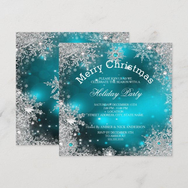 Invitation Noël Fête hiver Wonderland Turquoise (Devant / Derrière)