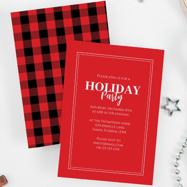 Invitation Noël Fête Russe Rouge Buffalo Plaid (Holiday red and black buffalo check patterned invitation with a simple white border.)