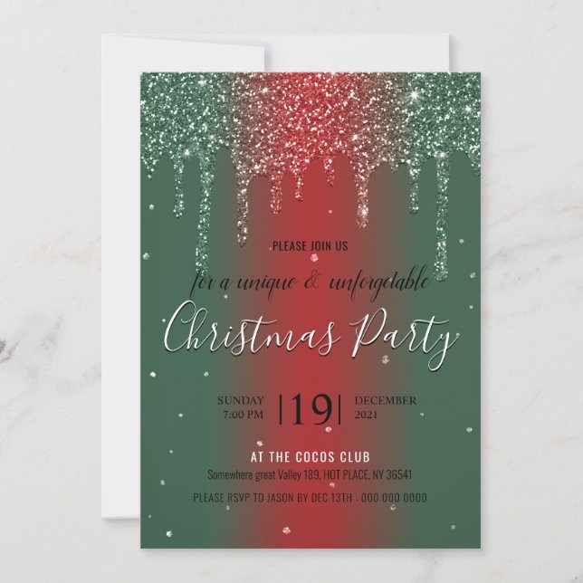 Invitation Noël fête verte rouge parties scintillant invitati (Devant)