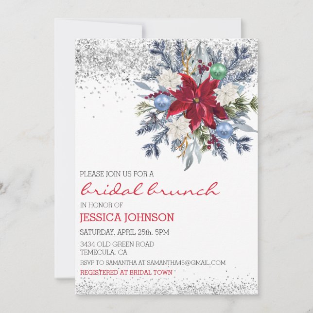 Invitation Noël Floral Mariée d'hiver Brunch Poinsettia (Devant)