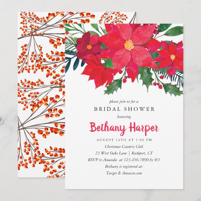 Invitation Noël Floral Poinsettia Fête des mariées (Devant / Derrière)