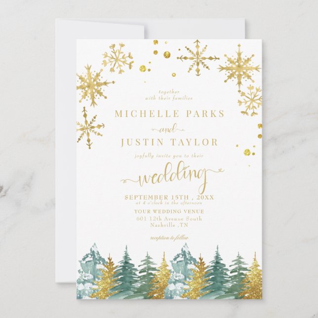 Invitation Noël Gold Green Bois Pins Mariage I (Devant)
