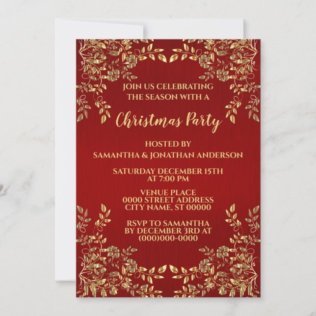 Invitation Noël Golden Feuilles Fête des Fêtes rouges (Devant)