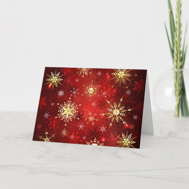Invitation Noël Golden Snowflakes sur Arrière - plan rouge (Devant)