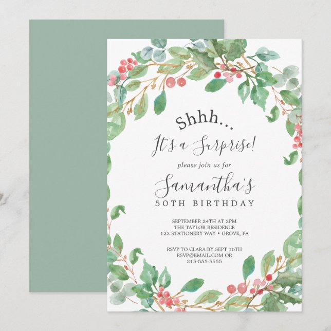 Invitation Noël Green & Red Berry Surprise Party (Devant / Derrière)