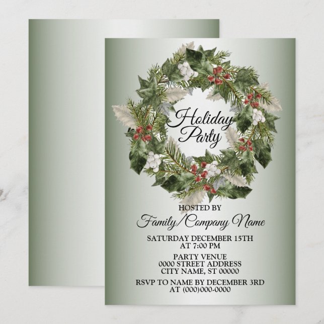 Invitation Noël Green Wreath Élégante fête des fêtes (Devant / Derrière)