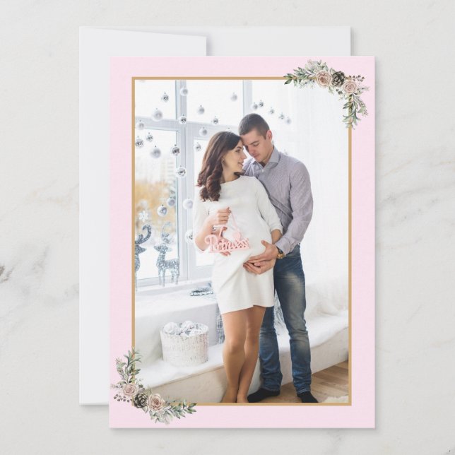 Invitation Noël Grossesse fille rose moderne photo florale (Devant)