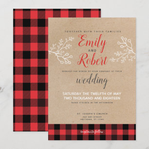 Invitation Noël hiver Flannel rouge noir Mariage