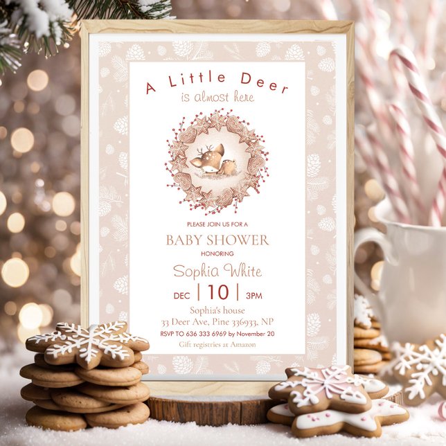 Invitation Noël Hiver Neutre Baby shower Beige Cerf (Christmas Winter Neutral Beige Baby Shower Deer Invitation)