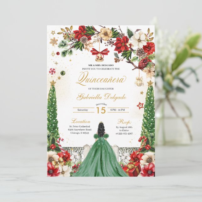 Invitation Noël hiver Poinsettia Green Red Quinceanera (Debout devant)
